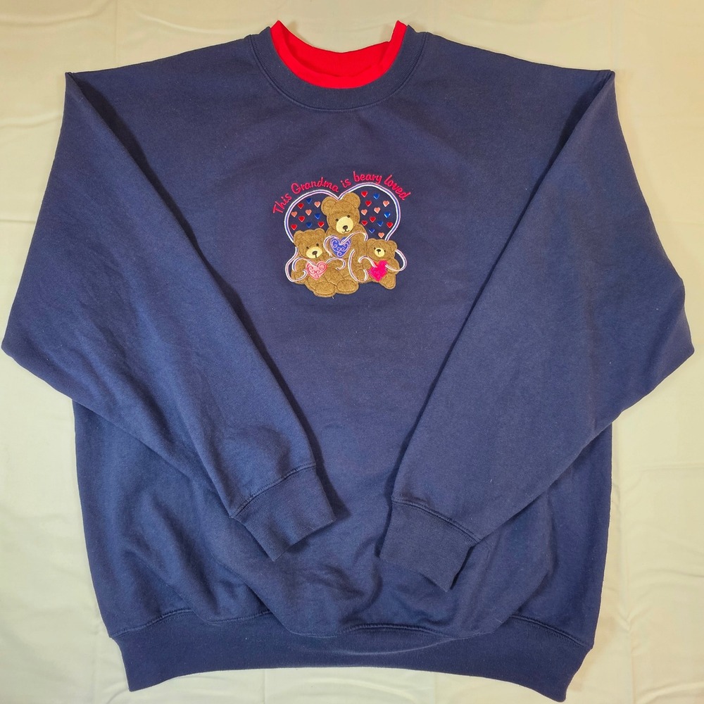 Vintage 90s MC Sportswear Grandma Beary Loved Navy Blue Sweatshirt XL
